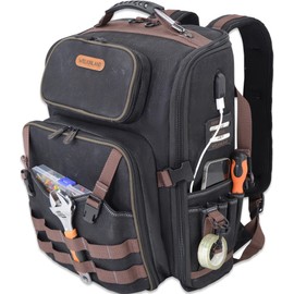 WELKINLAND Waxed-Canvas Tool Backpack - Heavy-Duty Electrician Backpack with HVAC & Technician Tool Bag Storage