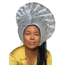 Nigerian Luxury Aso Oke Headtie, African Women Headbands Head Wrap Turban Cap Auto Gele Headties Femme Headscarf Headgear Sewing Fabric for Party (White)