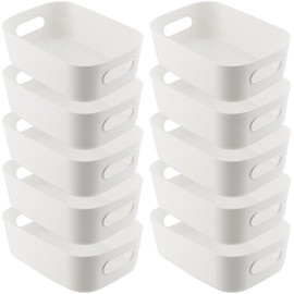 YUENPUN 10 PCS White Plastic Storage Organiser, Small White Plastic Storage Box Handle, White Plastic Storage Baskets, Plastic Studio Storage Basket Bins for Kitchen, Bathroom, 21 x 14 x 7cm