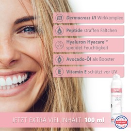 Hyaluronic Serum High Dose 100 ml - with Anti-Ageing Booster Avocado Oil, Peptides and Vitamin E - Vegan Anti-Wrinkle Face Cream for Eyes, Neck and Décolleté with Crosslinked Hyaluronic Acid