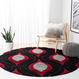 Safavieh Florida Shag Collection SG461 Modern Ogee 1.2-inch Thick Area Rug, 6'7" x 6'7" Round, Black / Red