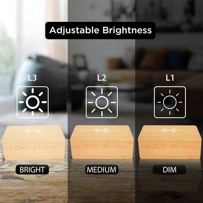 Wooden Clock Alarm Mobile Phone Wireless Charging Wood Voice Control