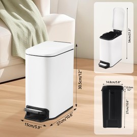 ELPHECO Small Bathroom Trash Can with Lid Soft Close 1.8 Gallon / 6.8 Liter Stainless Steel Garbage Can Slim White Wastebasket for Bathroom, Office, Bedroom, Matte White