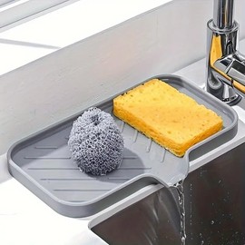 Sponge Holder with Drain Spout, Silicone Soap Dish for Bathroom & Kitchen, Rubber Shower Soap Holder, Easy to Clean, Quick Drying(Grey, 4.7" x 3.6")