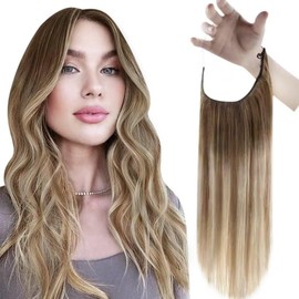 Easyouth Real Hair Wire-On Extensions, Real Hair, 70 g, 14 Inches, Colour Darker Brown Mix, Ash Brown with Medium Blonde, Wire-on, Human Hair Extensions, #3/8/22