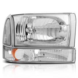 AQEEI Headlight Assembly Fit For Ford For Excursion 2000-2004 For Ford For F-250 Super Duty 1999-2005 For Ford For F-350 Super Duty For Ford For F-450 Chrome Housing Clear Len Amber Reflector