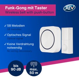 REV Wireless Doorbell Set Optical and Acoustic, 50 m, 90 dB, Wireless Bell (3 x 1.5 V) and Bell Push Button, White