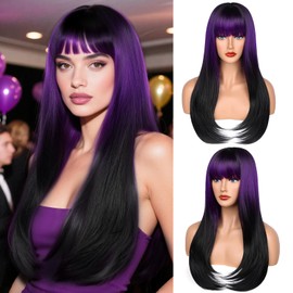 YUCCAHA Ombre Black Purple Synthetic layered Wig with Bangs for Women Wear and Go glueless Wig 26 Inch Middle Part Long Straight Colorful Costume Wigs Heat-Resistant Fiber for Daily Party Use