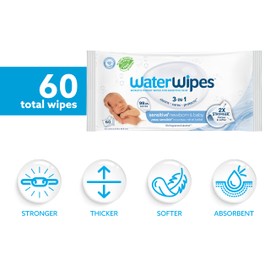 WaterWipes Sensitive+ Newborn & Baby Wipes, 3-In-1 Cleans, Cares, Protects, 99.9% Water, Unscented & Hypoallergenic, 60 Count