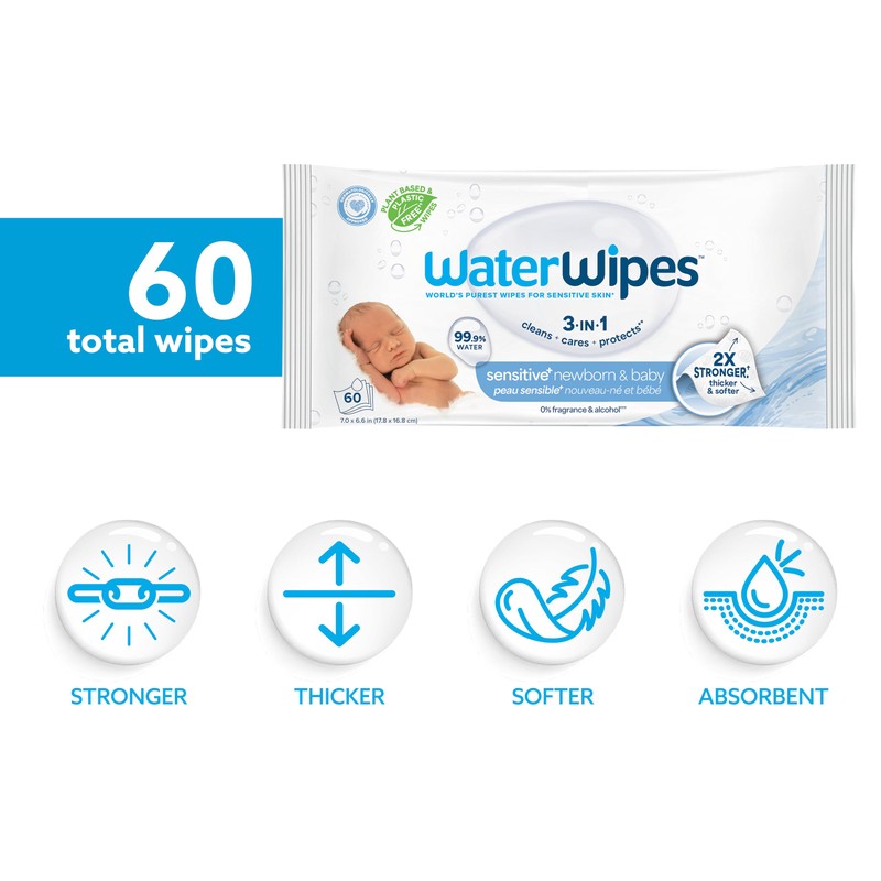 WaterWipes Sensitive+ Newborn & Baby Wipes, 3-In-1 Cleans, Cares, Protects,