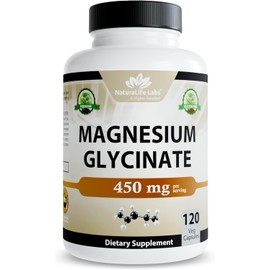 NaturaLife Labs Magnesium Glycinate - 450 mg per Serving – 120 Vegan Capsules - Non-GMO, Gluten-Free, Vegan