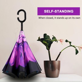 MRTLLOA 40/49/56 Inch Oversize Windproof Inverted Reverse Upside Down Umbrella, Golf Size Rain Umbrella, Double Layer, C-Shaped Handle for Men, Women and Kids (Purple Flower, 49 Inch)