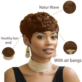 Short Pixie Wigs For Black Women Natural Dark Brown Color Short Brown Pixie Wigs For Black Women Pixie Cut Wavy Wigs Brown Synthetic Wigs For Black Women Layered Pixie Wigs With Bangs