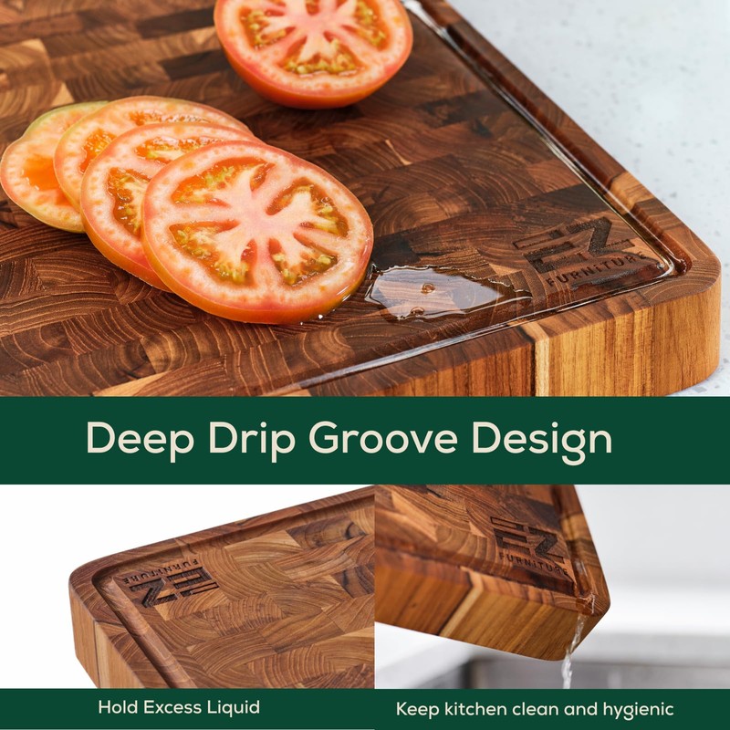 EZ FURNITURE Non-Toxic Teak Large Wood Cutting Board & Serving
