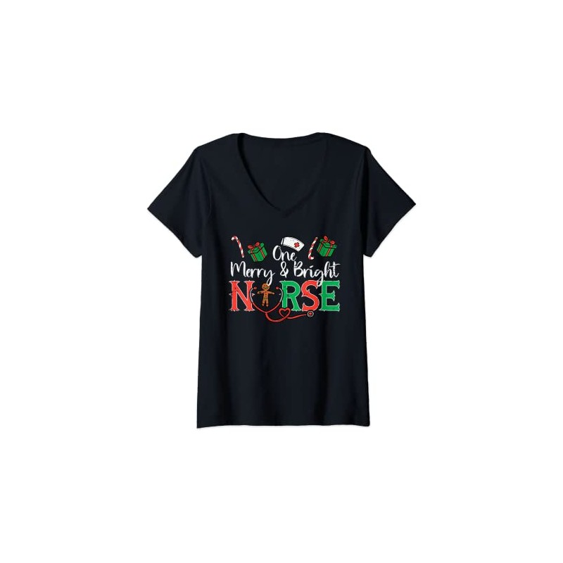 Women's One Merry Bright Nurse Christmas Scrub Top V-Neck T-Shirt,