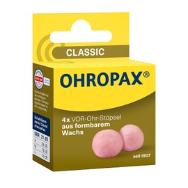OHROPAX Classic Ear Plugs - Pre Ear Plugs to Protect Against Noise, Moisture and Wind - Made from Malleable, Soft Wax - Comfortable and Suitable for All Ears - Sound Insulation Value SNR 21dB - Pack of 4