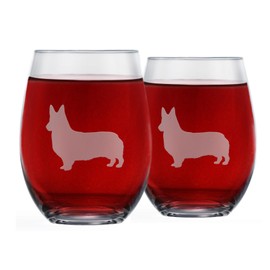 Corgi Stemless Wine Glasses (Set of 2) | Unique Gift for Dog Lovers | Hand Etched with Breed Name on Bottom