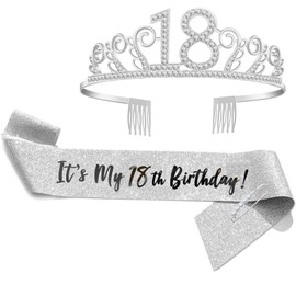 18th Birthday Sash & Rhinestone Tiara Set, 18th Year Old Birthday Gifts for Her Party Decorations for Girls (18th-Silver)