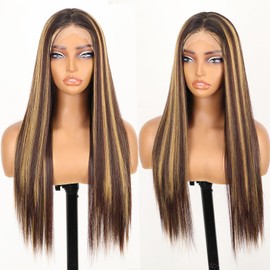 AISI HAIR 13x4 HD Lace Front Wig Chestnut Highlight Pre Plucked With Baby Hair Straight Glueless Synthetic Wigs for Women 28inch Beginner Friendly