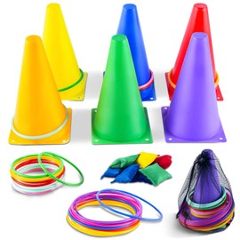 OBTANIM 35 Pcs 3 in 1 Plastic Colorful Cones Ring Toss Combo Set with 8 Pcs Bean Bags Outdoor Carnival Games for Kids Adults Birthday Party Throwing Backyard Games
