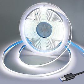 RYE USB Powered 5V COB LED Strip Light, 2.5M*320LEDs/M Cool White 6000K Soft Dotless Tape Light for TV/Monitor/Under Cabinet Kitchen/Wardrobe/Stairs Step Background Ambient DIY Lighting[Strip ONLY]
