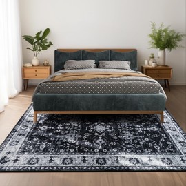 CRYPTOLITE Area Rug 5x7, Washable Faux Wool Throw Rugs for Living Room, 0.3″ Non Slip Low Pile Vintage Boho Carpet for Ding Room, Home Office, Bedroom, Kids Room, Bedside (Black White)