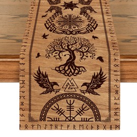 Artoid Mode Wooden Viking Tree of Life Raven Helmet of Awe Table Runner, Seasonal Table Decoration, Indoor, Holiday, Party Decor, 40 x 180 cm