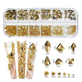 KARMELLING 1 Box 12Girds Multi Size Colorful Hotfix Rhinestones Flatback Crystal Diamond Gems 3D Glitter Nail Art Luxurious Decorations,Gold