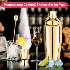 Cocktail Shaker Set Martini Shaker Set Bartender Set with Margarita Mixer Drink Shaker, Measuring Jigger and Mixing Spoon - Professional 18/8 Stainless Steel Bar Tools for Mixed Drinks, Gold