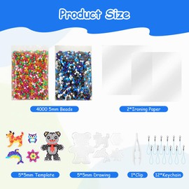 AUAUY 4000PCS Fuse Beads Keychain Kit, 5mm Iron Beads Set for Kids, DIY Art Craft Toys Iron Beads, with Drawing, Template, Ironing Paper, Keychain, Clip, Christmas Birthday Gift for Boys and Girls