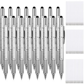 Zhanmai 16 Pieces Gift Pen Tool Pen 6 in 1 Multitool Tool Pen with Ruler, Levelgauge, Ballpoint Pen and Pen Refills, Unique Gifts for Men (Silver)