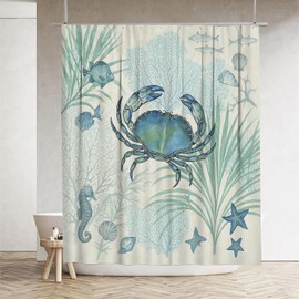 Juego de cortina de ducha y alfombra de baño de cangrejo azul, 4 piezas, decoración de baño con temática oceánica costera con estrellas de mar, caballito de mar y coral, accesorios náuticos de playa