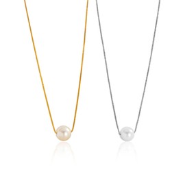 HSIXHAF 2pcs Tiny Pearl Pendant Necklace, Floating Pearl Necklace, Minimal Boho Clavicle Necklace, Jewellery for Women and Girls, Gold and Silver, Stainless Steel