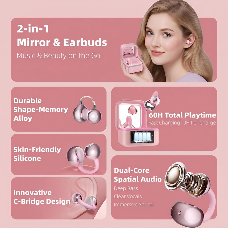 Wireless Earbuds with LED Makeup Mirror Case, Bluetooth 6.0 Open