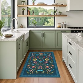 Floral Rug for Entryway 2x3 Rugs Machine Washable Boho Small Area Rug Non-Slip Low-Pile Front Door Soft Mat for Entrance, Bedroom, Kitchen, Laundry, Bathroom, Blue