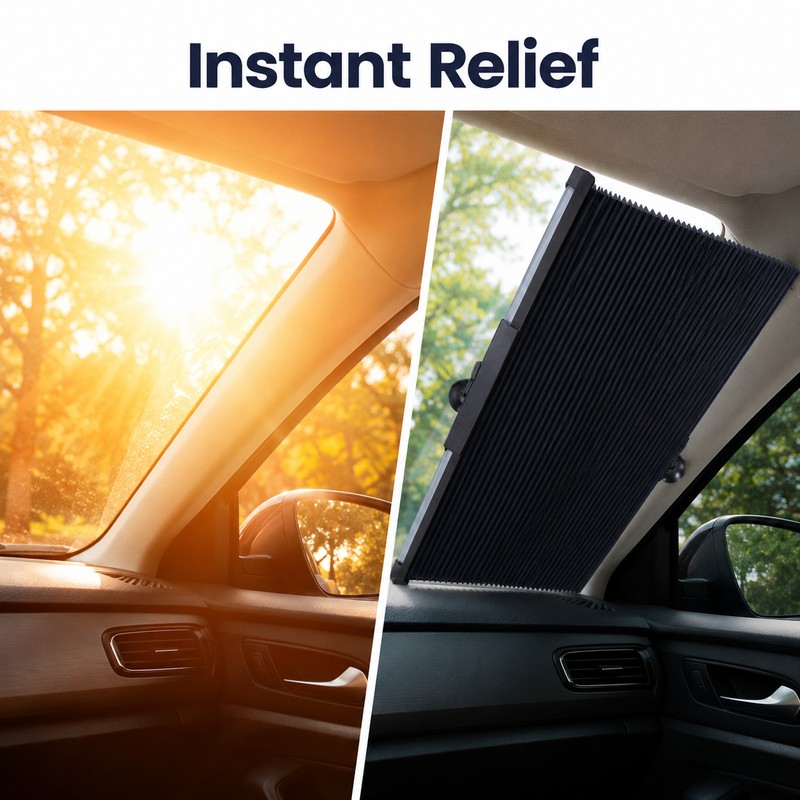 Retractable Car Sunshade for Windshield - Reflective Foldable UV Heat
