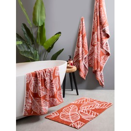 Fusion - Terracotta Leaf Bath Sheet (90 x 150cm) - 100% Cotton - Super Soft - Tropical Palm Leaves Towel - Orange & White Bath Towel/Bath Sheet - Terracotta Bathroom Accessory - Matteo Collection