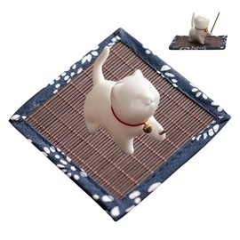 Cat Incense Holder with Bamboo Mat Ceramic Cat Incense Stick Holder Desk Ornament Cute Incense Cone Holder Cute Incense Holder Cat Incense Stick Holder for Home Decor NO Stick