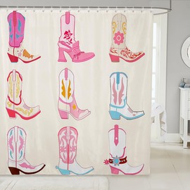 Feelyou Pink Howday Shower Curtain for Kids Boys Girls Weatern Decor Bathroom Shower Curtain Set 72"x78" Farmhouse Cowboy Riding Boots Bath Curtain Wild Western Cowboy Kids Bathroom Accessories Pink