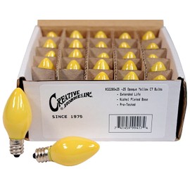 Box of 25 Light Bulbs - Opaque Yellow, Steady Burning, 7 Watt, C7 -E12 Candelabra Base -Great for Night Lights, Decorative Lights and Christmas Strings