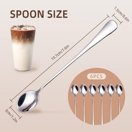 TAIHOBO Pack of 6 Latte Macchiato Spoons, 19.7 cm / 7.6 inches, Smooth Edges Spoon, Durable Long Spoon Made of Stainless Steel, Dishwasher Safe Coffee Spoon, Suitable as Ice Cream Spoon, Teaspoon,