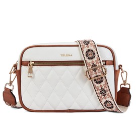 Telena Crossbody bags for Women Trendy Quilted Crossbody Bag Leather Camera Bag Purse with Wide Shoulder Strap Beige with Brown