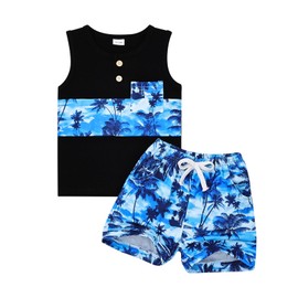 CETEPY 4t Boys Summer Clothes Baby Summer Tropical Beach Design Outfits Sleeveless Tank Tops & Pocket Pant set Blue 3 Years old-4 Years old