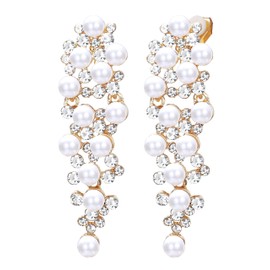 Adramata Pearl Clip Earrings for Women Long Dangle Pearl Clip Earrings Silver Drop Pearl Earrings Wedding Earrings Clip Earrings Women Without Pierced Earrings, Silver
