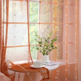 ColorBird Sheer Fall Curtains 63 Inch Length Window Treatment Embroidered Floral Burnt Orange Fall Decor Curtain Drapes 2 Panels for Living Room Bedroom Kitchen Sliding Door