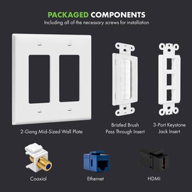 TOPGREENER Double Gang Datacomm Bundle with Multimedia Pass-Through Insert, 3-Port Keystone Jack Insert, Coaxial, Ethernet, HDMI Keystones, and 2-Gang Decorator Wall Plate, TG889173MCFH-W, White