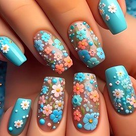 24Pcs Light Blue Press on Nails Colorful Flower Fake Nails Spring Summer False Nails Medium Square Acrylic Nails Artificial Nails Glue on Nails for Women Spring Summer Flower Sea Nail Art Decoration