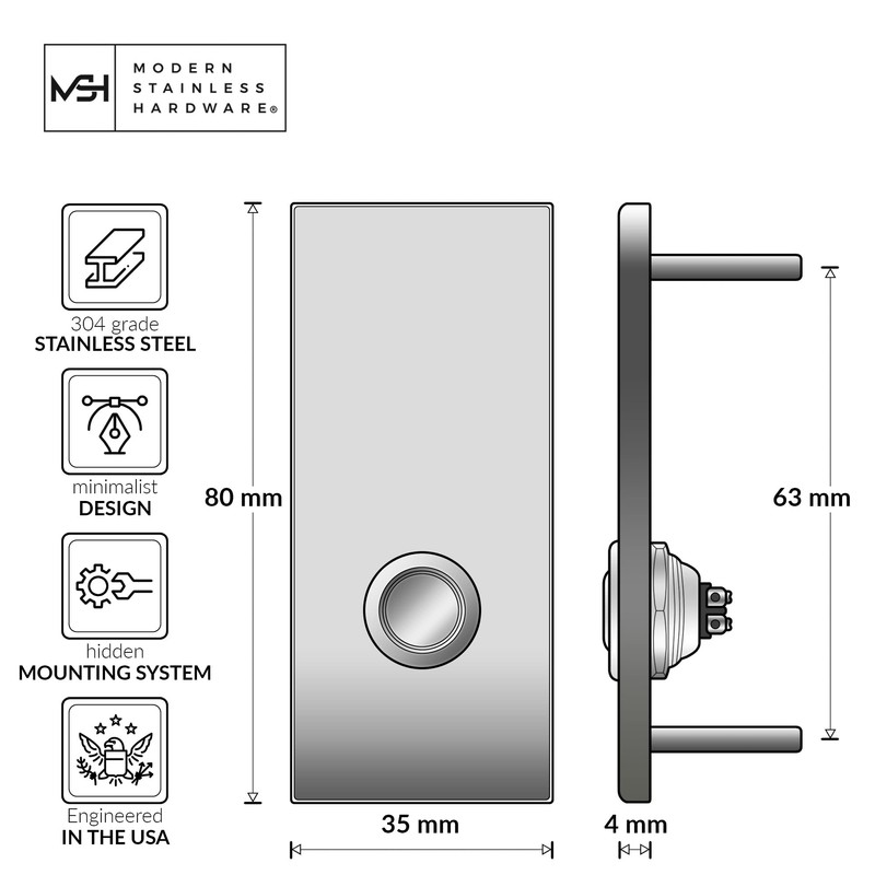 MSH Modern Stainless Hardware Model R2 Doorbells, R-Series Stainless Steel