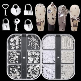 Fcozpjk Love Lock and Key Nail Charms Valentines Day Nail Art Y2K Nail Design Silver Metal Heart Nail Charms Flatback Half Round Pearls for Nails Caviar Nail Beads Nail Art Rhinestones Kit