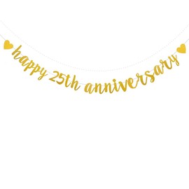 XIAOLUOLY Gold Glitter Happy 25th Anniversary Banner,Pre-Strung,Party Decorations Bunting Sign Backdrops,Happy 25th Anniversary